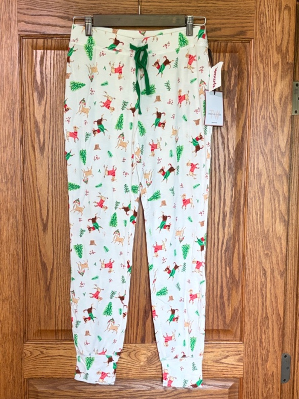 Holiday Dogs Cream Pajama Joggers with Green Drawstring NWT Size XS